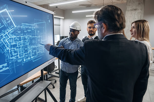 Team reviewing blueprints on a large screen