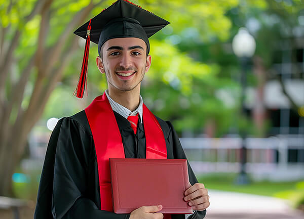 Graduate in cap and gown holding diploma